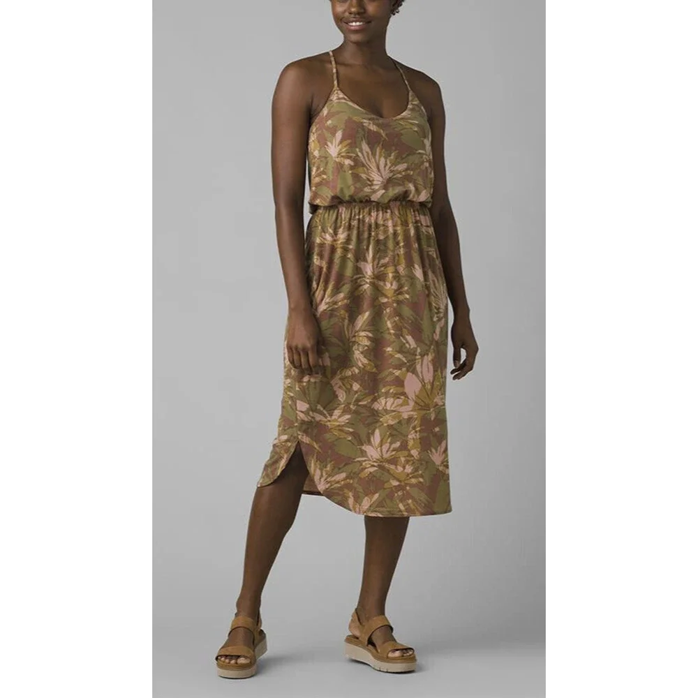 Prana Ayla Dress Racerback Tropical Green Brown Stretch Medium Resort Cruise - Picture 4 of 16